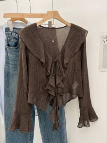 Muvela Women's Casual Sheer Ruffle Trim Front Tie Bell Sleeve Blouse, Spring/Summer,Summer Top Elegant - Brown - View 1