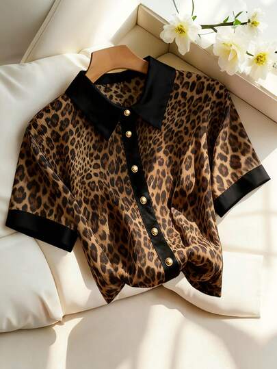 GlowEve CURVE Áo sơ mi nữ cỡ lớn chất liệu chiffon họa tiết da báo phối màu, cổ bẻ, trang trí cúc kim loại, thích hợp mặc hàng ngày, đi làm và hẹn hò vào mùa xuân và mùa thu.