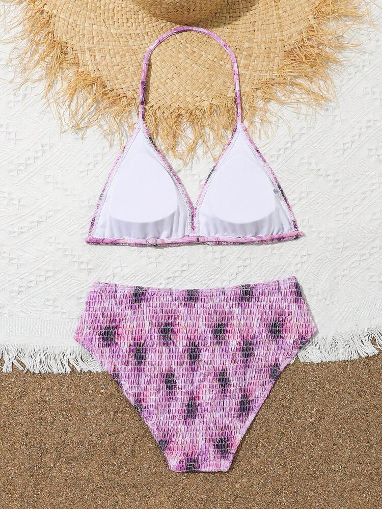 Teen Girl Summer Beach Tie-Dye Halter Neck Bikini Set With Random Print