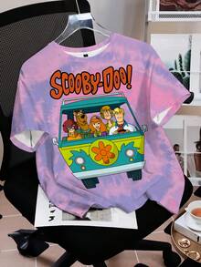 SCOOBY-DOO X SHEIN Áo thun nữ kiểu dáng thường ngày, in hình hoạt hình, nhuộm tie-dye, thích hợp cho mùa hè. - trắng - Xem 1