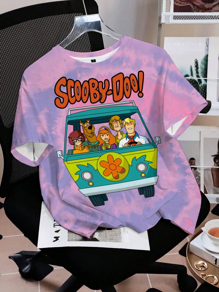 SCOOBY-DOO X SHEIN Áo thun nữ kiểu dáng thường ngày, in hình hoạt hình, nhuộm tie-dye, thích hợp cho mùa hè. - trắng - Xem 1