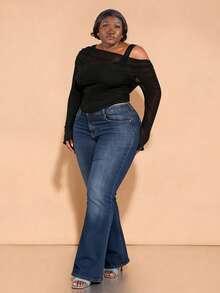 CurvyTilda Plus Size Black Off-Shoulder Asymmetrical Flare Long-Sleeved 2 In 1 Elegant And Sweet Tops, Suitable For Daily Outings And Dates, For Hourglass Body Shape - Black - View 4