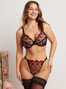 Elorette 2pcs/Set Plus Size Women Floral Embroidered Mesh Sexy Bra And Panty Lingerie Set, Lift - Black - View 4