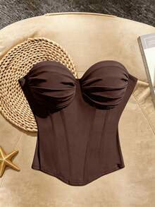 SHEIN Franclia 女士优雅度假风纯色弹力褶皱胸衣上衣 - 棕色 - 查看 1