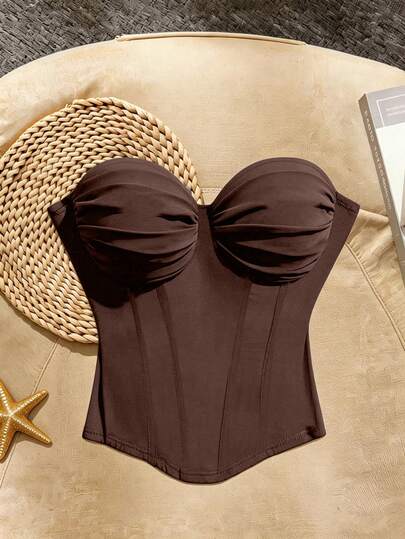 Trelyra Top bustier plisado elástico de unicolor con estilo elegante de vacaciones para mujer