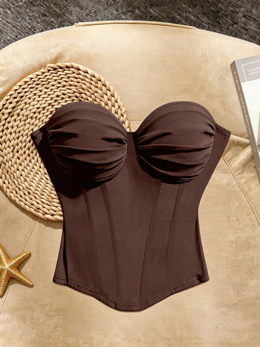 SHEIN Franclia 女士优雅度假风纯色弹力褶皱胸衣上衣 - 棕色 - 查看 1
