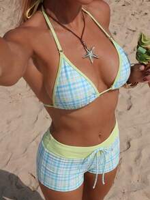 Swim Mod Women's Swimwear Bikini,Check Graphic Gingham Swimshorts,Blue,Summer,Cute,Retro Vintage,Pool Party,Holiday,Boho Vacation,Beach Outfits,Fourth Of July - Lime Green - View 7