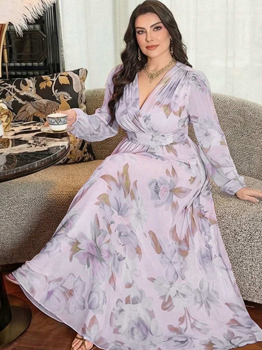 Modelyn 大码女式优雅收腰印花喇叭连衣裙 - 淡紫色 - 查看 1