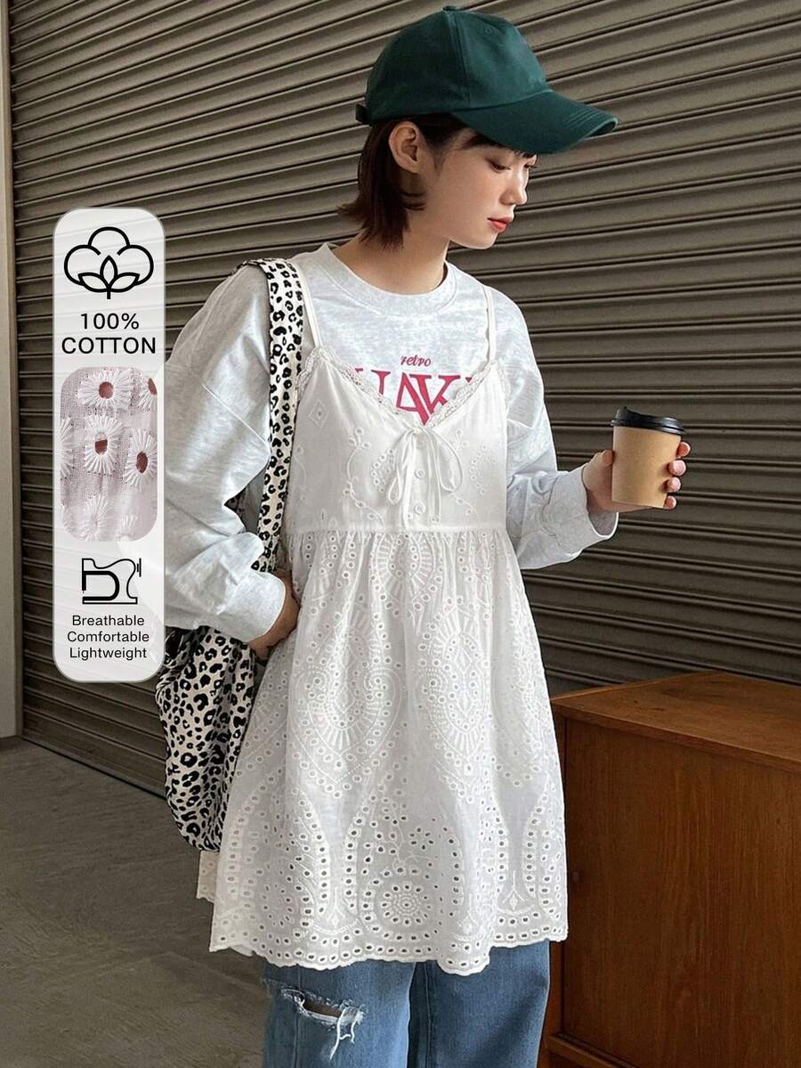 FRIFUL Camiseta de tirantes de mujer de verano, de unicolor, con bordado calado - Blanco - Ver 1
