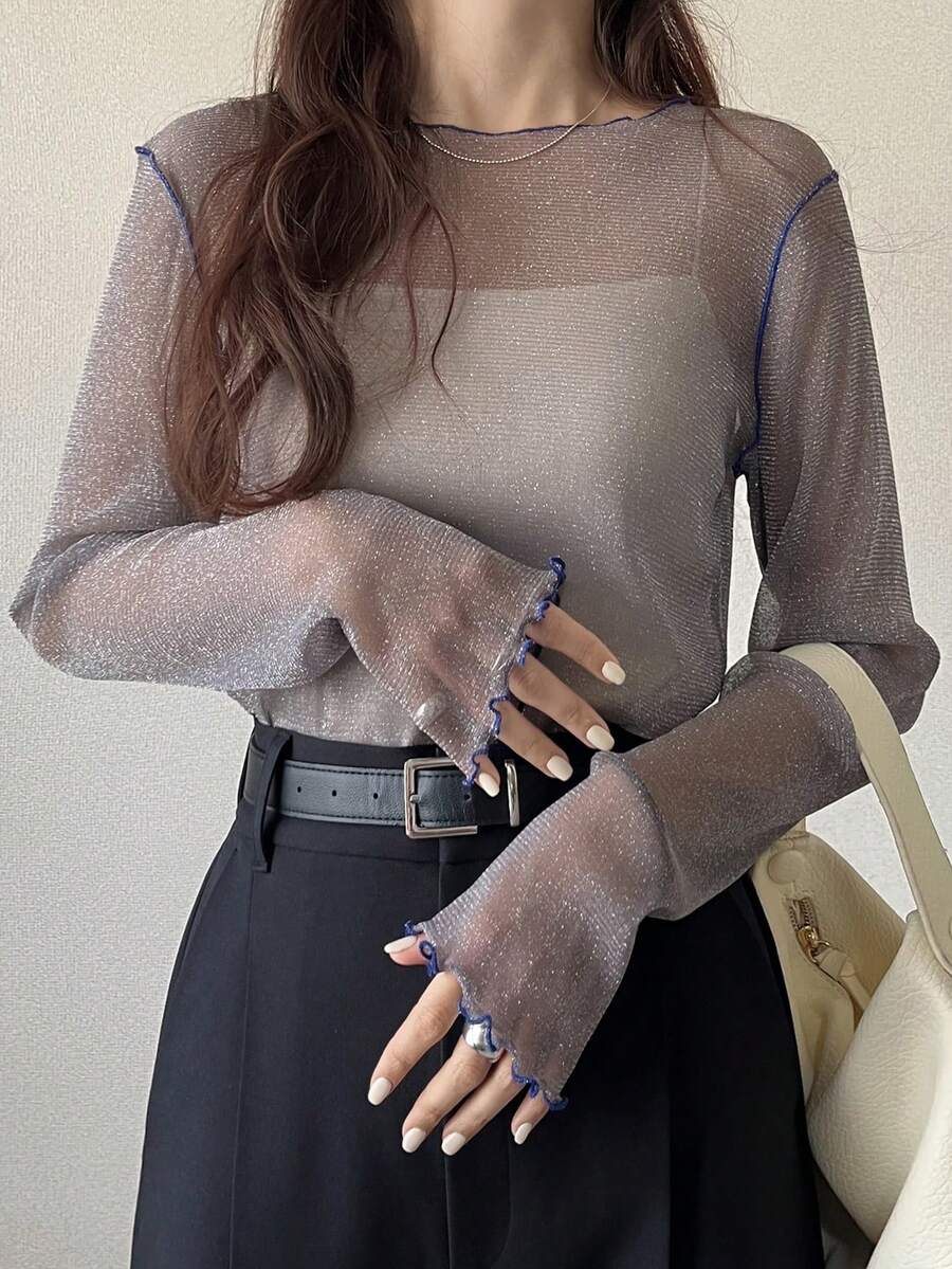 FRIFUL Atasan Turtleneck Jala Transparan untuk Wanita, Pakaian untuk Melapisi Pakaian di Musim Gugur - Grey - View 1