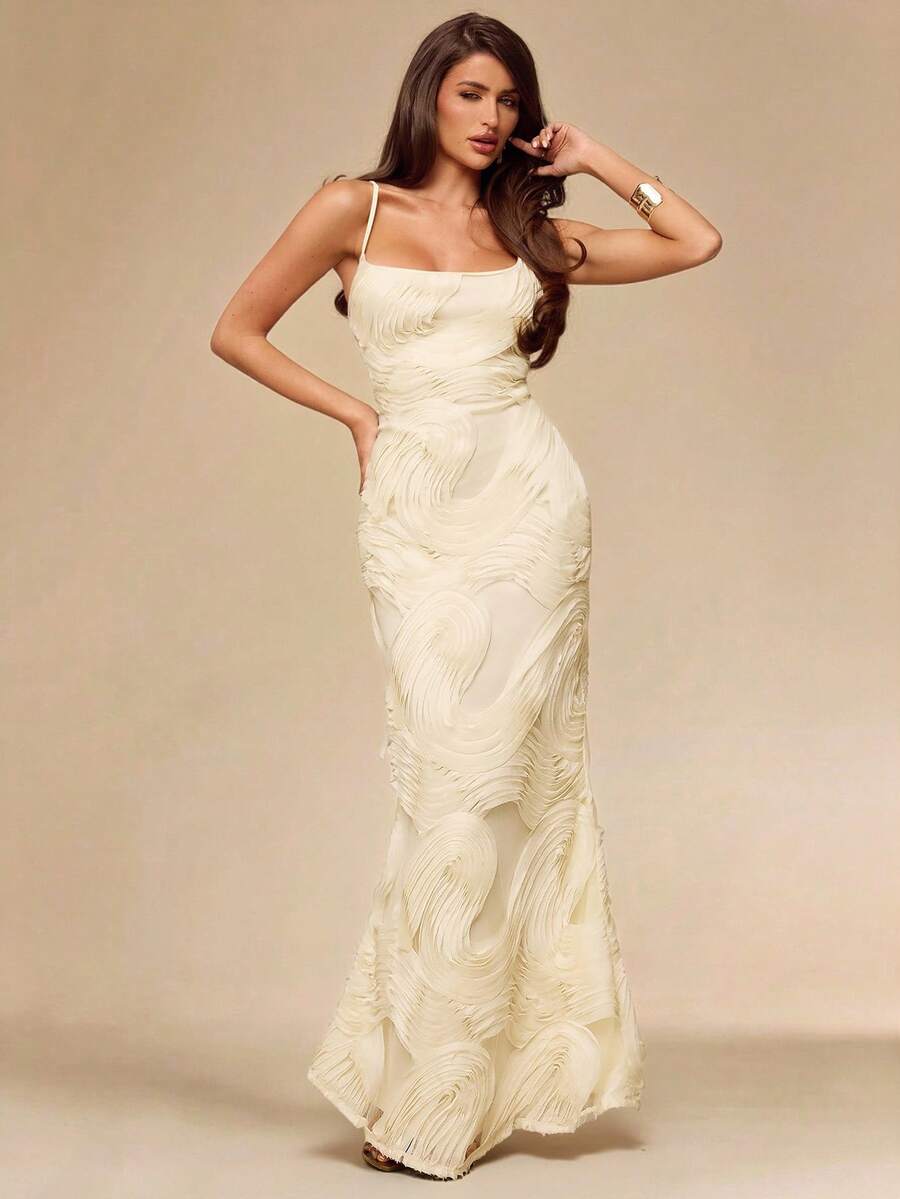 SHEIN BAE Vestido ajustado con tirantes de amarre y espalda descubierta con textura de color albaricoque, elegante para brunch, invitada de boda, fiesta de cóctel, vacaciones en la playa - Albaricoque - Ver 1