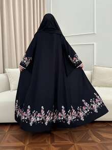 Yasmyna Áo choàng Abaya dài tay dáng rộng thanh lịch dành cho nữ, thêu hoa và ghép mảnh. - màu đen - Xem 5