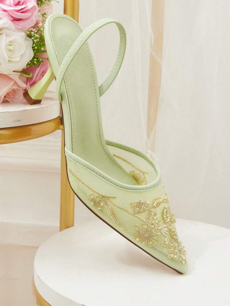 CUCCOO HITCHD Women Shoes Summer New Embroidery Lace Pointed Elegant Yellow Mesh Bridal High Heel Shoes Dating Elegant Wear Wedding Season Dinner