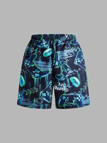 SHEIN Celana Pendek Pantai Longgar, Serbaguna, Nyaman, Kasual untuk Remaja Laki-laki, Motif Video Game Bercahaya dalam Gelap, Patchwork, Lapisan Dalam Ketat - MultiWarna - View 4