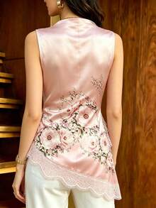 Modelyn Áo nữ in họa tiết hoa chuyển màu thanh lịch, áo vest không tay ôm sát thời trang mùa hè, thiết kế ren tương phản ở gấu áo, thắt lưng ren, trang phục thường ngày. - Nhiều màu - Xem 2
