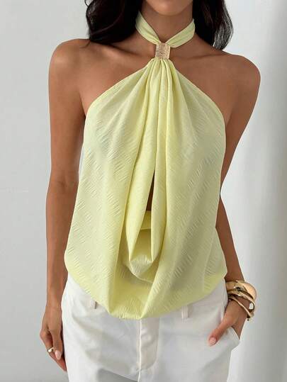 Aloruh Women's Casual Vacation Minimalist Solid Color Metal Decor Backless Tie Front Camisole Top