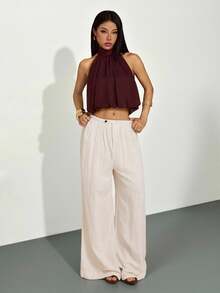SHEIN PETITE Top corto con fruncido y escote halter de moda y sexy para mujer, adecuado para citas y festivales de música - Café integral - Ver 6