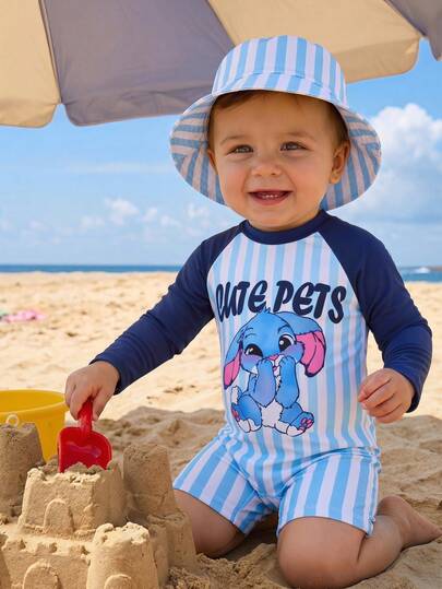 SHEIN Baby Boy Summer Casual Vacation Striped Romper Swimsuit, One-Piece Swimwear Shorts, Suitable For Beach, Pool, Spa Resort Swimming