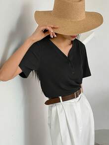 Dazy-Less Solid Rib Knit Button Front Tee Old Money Style Business Casual Woman Work Clothes - Black - View 5