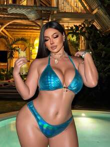 Slaydiva Bộ bikini gợi cảm buộc dây cổ, điểm nhấn kim loại, dành cho nữ cỡ lớn, thích hợp mặc đi biển mùa hè. - màu xanh lá - Xem 4