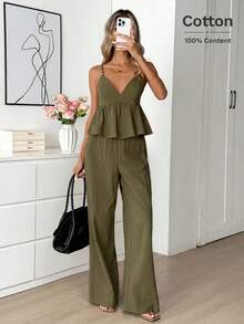 Easowa Bộ đồ nữ 2 mảnh phong cách vintage, 100% cotton, dáng rộng, thanh lịch, thích hợp đi làm: Áo hai dây viền bèo và quần ống rộng, thích hợp cho mùa xuân/hè. - xanh quân đội - Xem 5