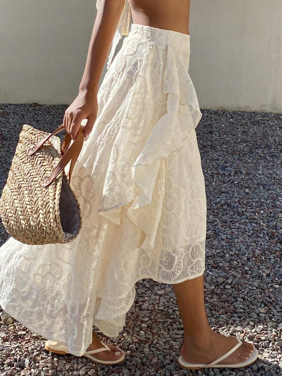 Livesso Spring Summer Graduation Beach Wedding Party White Floral Asymmetrical Lace Women's Skirt Vacation Boho - White - View 1