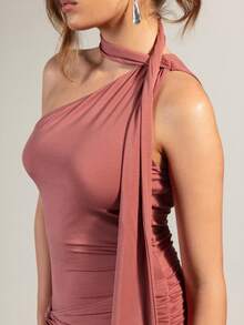 Rouah 女士优雅性感纯色扭结高开衩连衣裙 - 棕色 - 查看 3