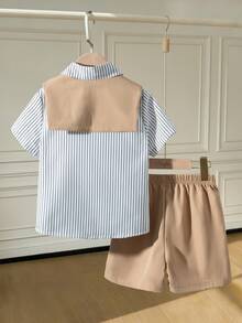 SHEIN 3件組：紳士風條紋刺繡襯衫 + 披肩 + 短褲，適合小男孩 - 彩色 - 查看 4