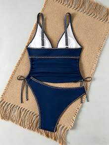 Swim Vcay Bonvoyette-D 2件組黑色布料深V領雙肩帶抓皺休閒沙灘比基尼套裝 女款兩件式泳衣 - 藏蓝色 - 查看 2