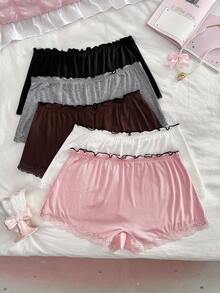 PetitDoll Set de 5 calzoncillos tipo bóxer para mujer de talla grande con cintura con volantes, ribete de encaje y dobladillo acanalado, 3 colores - Multicolor - Ver 2