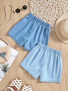 Genkimix Kids 2pcs Baby Girls' Denim Loose Shorts Set, Summer Washed Versatile Comfortable Pockets Design, Bow Decor, Elastic Waist, Light Blue Thin Tencel Fabric, Suitable For Daily Outing And Vacation - Blue - View 2