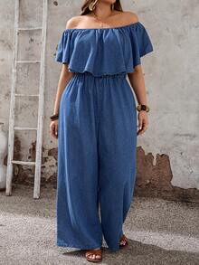 EMERY ROSE EMERY ROSE 大码女式露肩褶皱休闲日常牛仔连体裤 夏季嘉年华服装 通勤 度假 毕业季 时尚 Y2K 可爱街头风 妩媚派对 婚礼 优雅 商务休闲 女士商务 海滩 毕业典礼 女士时尚露肩荷叶边牛仔连体裤 阔腿一体式套装 - 藍色 - 查看 5