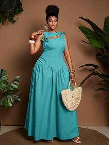 Maweii Plus Size Sexy Fitted Cutout Cinched Waist Sleeveless Dress - Teal Blue - View 7