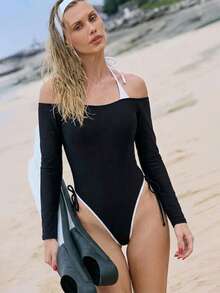 SHEIN Swim Fashionable Halter Neck 2 In 1 Black & White Color Side Tie Sports Beachwear, Spring/Summer - Black - View 4