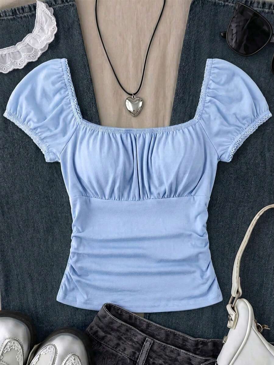SHEIN Camiseta ajustada de manga corta y cuello cuadrado profundo con encaje floral y malla de manga abullonada para niña adolescente, atuendo de té de verano - Celeste - Ver 1