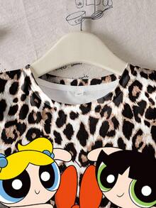 THE POWERPUFF GIRLS X SHEIN 少女豹纹卡通图案圆领短袖T恤 - 白色 - 查看 5