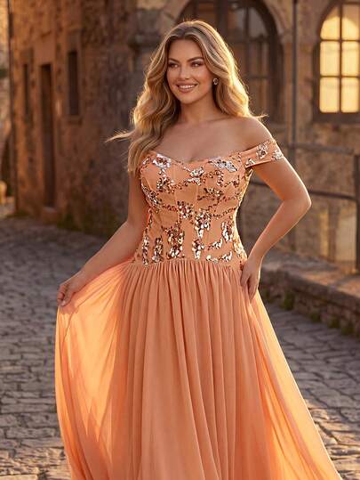 Glamrae Plus-Size Champagne-Colored Off-Shoulder Design Exudes Elegance And Romance, Adorned With Luxurious Beaded Chiffon And Sequined Ribbon Details. The Fitted Waist And A-Line Silhouette Make It Suitable For Weddings, Parties, Celebrations, And Formal Dinners (Exquisitely Designed).