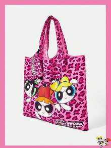 THE POWERPUFF GIRLS X SHEIN 1 件装，豹纹飞行女警图案折叠购物袋，大容量防水手提袋。 - 玫紅色 - 查看 2
