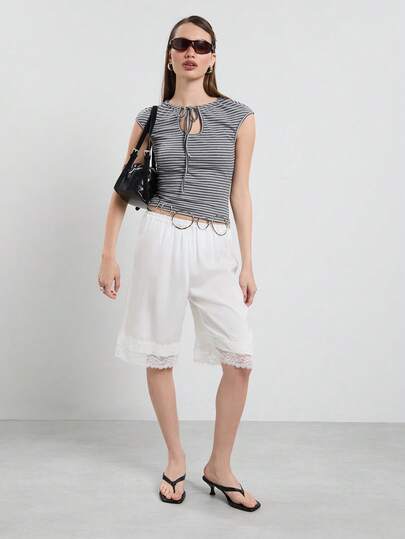 COUREZ Satin Shorts With Lace Hem/Y2K Summer Outfits For Women White Shorts Longline Shorts Going Out Outfits Party Outfits Festival Outfits Summer Clothes For Women Spring Outfits For Women
