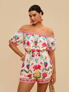 Travachic Bộ áo liền quần trễ vai in họa tiết cây nhiệt đới dành cho nữ cỡ lớn, thanh lịch, thích hợp mặc hàng ngày và đi nghỉ mát, mùa xuân/hè. - Nhiều màu - Xem 4
