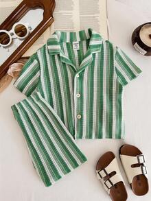 LMoss Kids 2 piezas Conjunto de camisa casual de rayas de punto y pantalones cortos para niño bebé - Verde - Ver 4