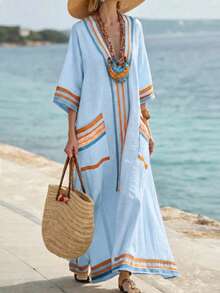 SHEIN Holidaya Đầm nữ mùa xuân/hè kiểu Bohemian mới, phong cách thường ngày, họa tiết sọc nhiều màu sắc, cổ chữ V, tay lửng. - Màu xanh lam - Xem 1
