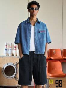 STEELVANCE Camisa de manga corta de mezclilla azul con rayas y bordado, estilo casual urbano para hombres - Azul lavado medio - Ver 5