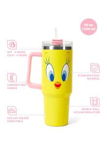 LOONEY TUNES X SHEIN Cốc giữ nhiệt 40oz có tay cầm, cốc cách nhiệt, bình nước giữ nhiệt chân không, cốc du lịch bằng thép không gỉ, cốc dùng trên xe hơi. - Màu vàng - Xem 2