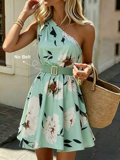 SHEIN Holidaya Vestido mini asimétrico de hombro para mujer con estampado floral tropical, cintura elástica fruncida, silueta evasé. Vestido elegante de vacaciones, de hombro asimétrico y sin mangas para mujer.