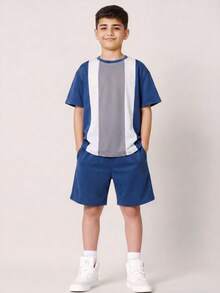 SHEIN 男童条纹圆领短袖T恤和短裤休闲套装 - 藍色 - 查看 6