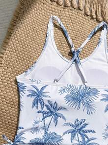 SHEIN Conjunto de tankini para niñas preadolescentes con top corto tipo halter con estampado de árbol de coco y pantis lisos de un solo color - Gris Claro - Ver 4