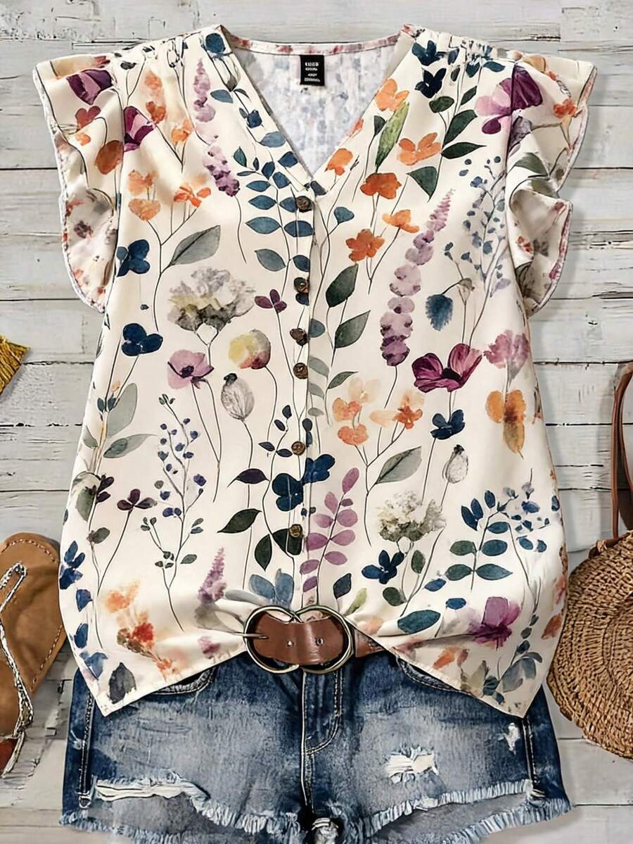 SHEIN Clasi 女士夏季沙滩度假印花V领荷叶边袖口衬衫 - 彩色 - 查看 1