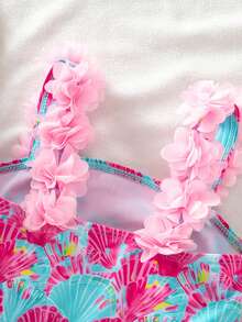 SHEIN 女童针织贝壳图案3D立体花卉可爱吊带背心和泳裤两件套 - 彩色 - 查看 9