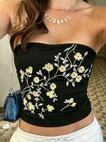 INAWLY Patrón de bordado floral, estilo Y2K, top tubo de moda, adecuado para uso diario en verano - Negro - Ver 4